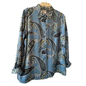 Vintage Liz Baker Tall Blue Paisley Button Up 100% polyester